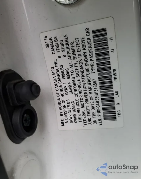 2016 Honda Civic Lx z USA, uszkodzony, nr VIN 2HGFC4B53GH313567